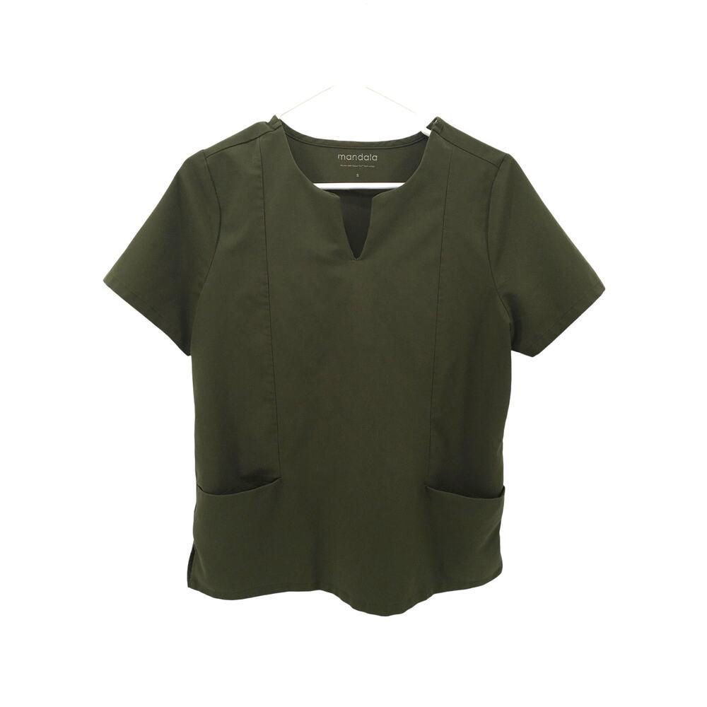 Mandala 5 pocket Notch Neck Scrub Top Small Olive Green Nursing Healthcare